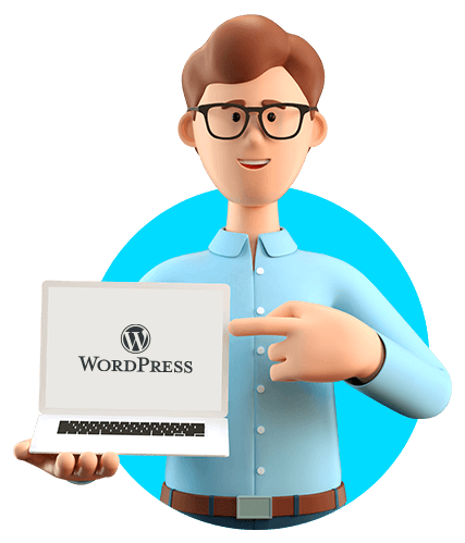 Personaje 3D feliz sobre fondo azul eléctrico, vistiendo lentes y camisa azul, sosteniendo laptop con el logo de WordPress en la pantalla