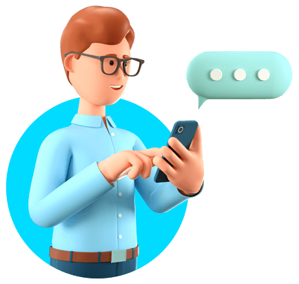 Personaje 3D feliz sobre fondo azul eléctrico, vistiendo lentes y camisa azul, mandando un mensaje de texto WhatsApp desde su teléfon